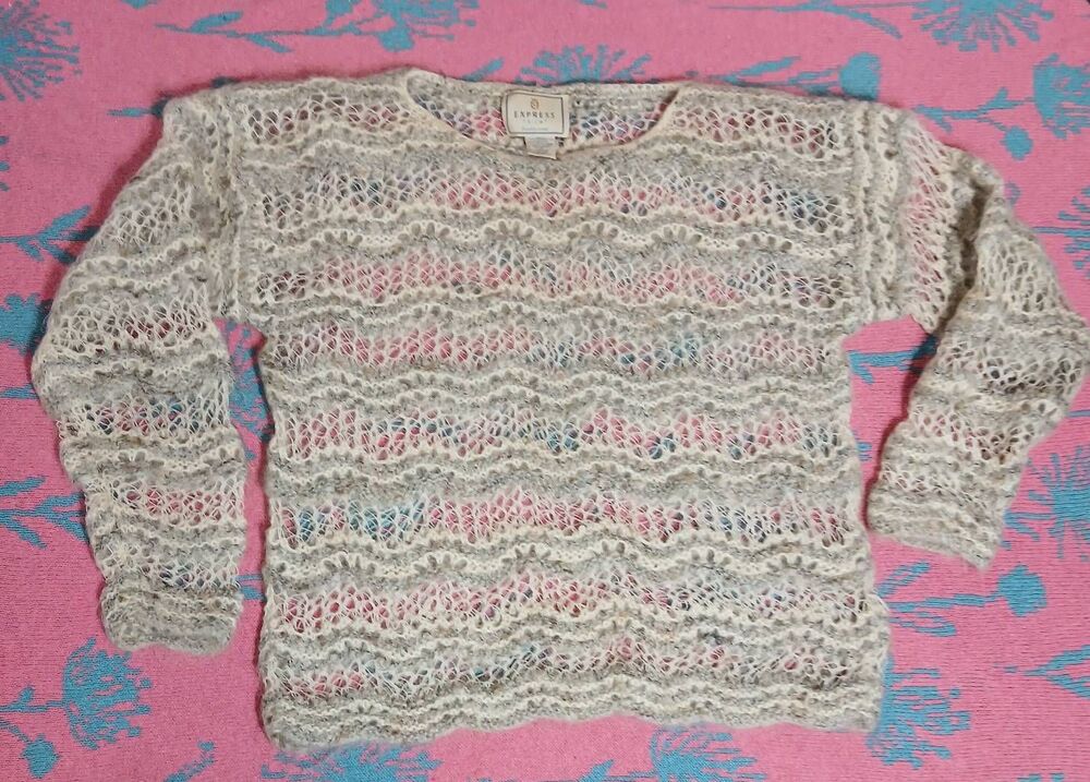 90's vtg express tricot women mohair sweater handknit beige sheer dolman sleeve